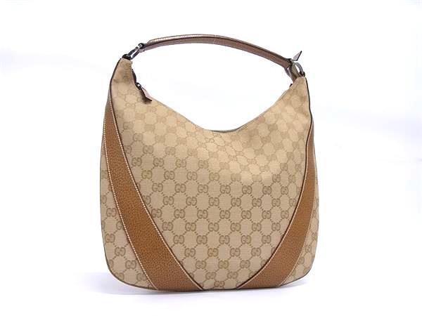 GUCCI グッチ ショルダーバッグ GGキャンバス 124357 ブラウン キャンバス×レザー レディース【本物保証】【中古】