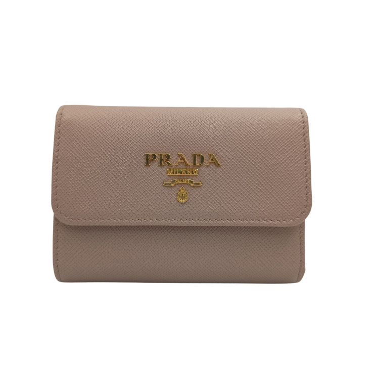 PRADA プラダ 三つ折り財布 1MH025 ベージュ系 サフィアーノレザー レディース ゴールド金具 美品【本物保証】【中古】