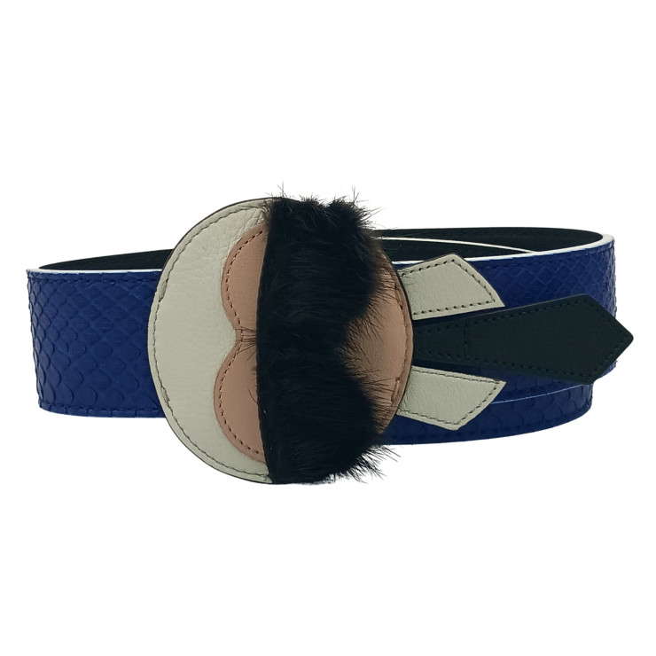 FENDI フェンディ ショルダーストラップ STRAP YOU KARLITO ストラップ ユー カーリト カールラガーフェルド ブルー ブラック ホワイト系 パイソン レザー ファー ユニセックス シルバー金具 美品【本物保証】【中古】 28,200円