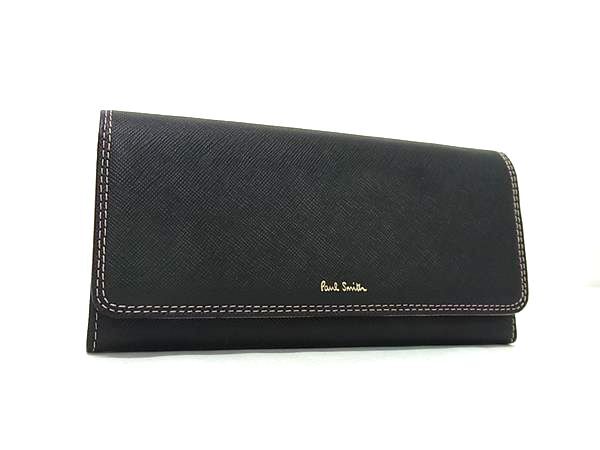 Paul Smith ポールスミス 二つ折り財布 クロスグレイン 長財布 PWD526 ブラック ピンク レザー レディース ゴールド金具 超美品【本物保証】【中古】|3R boutique