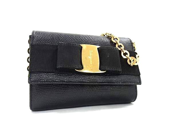 Salvatore Ferragamo フェラガモ ショルダーバッグ ヴァラ・リボン チェーンショルダーバッグ 21 3202 ブラック リザード型押しレザー レディース ゴールド金具【本物保証】【中古】