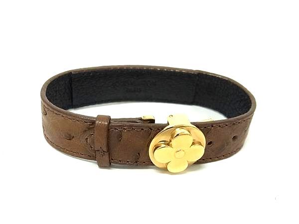 LOUIS VUITTON ルイヴィトン ブレスレット グッドラック ブレス M64441 ブラウン オーストリッチ ユニセックス ゴールド金具 美品【本物保証】【中古】 11,610円