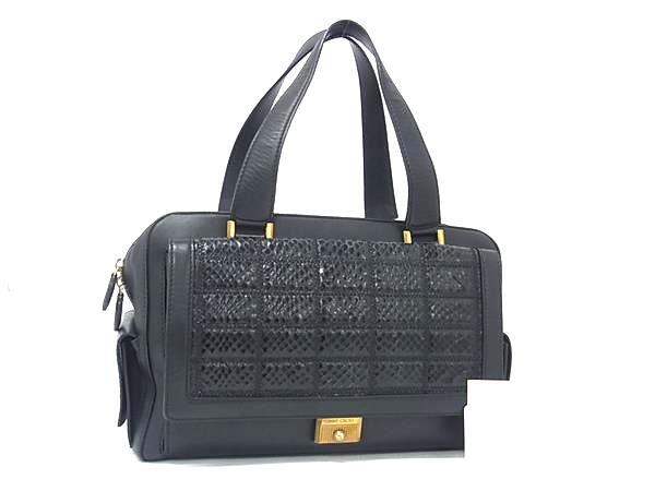 JIMMY CHOO ジミーチュウ ハンドバッグ ブラック レザー パイソン型押しレザー レディース ゴールド金具 美品【本物保証】【中古】