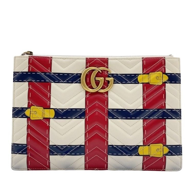 GUCCI グッチ クラッチバッグ GGマーモント 466489 アイボリー レッド ネイビー系 レザー ユニセックス ベルトモチーフ ゴールド金具 美品【本物保証】【中古】 38,740円