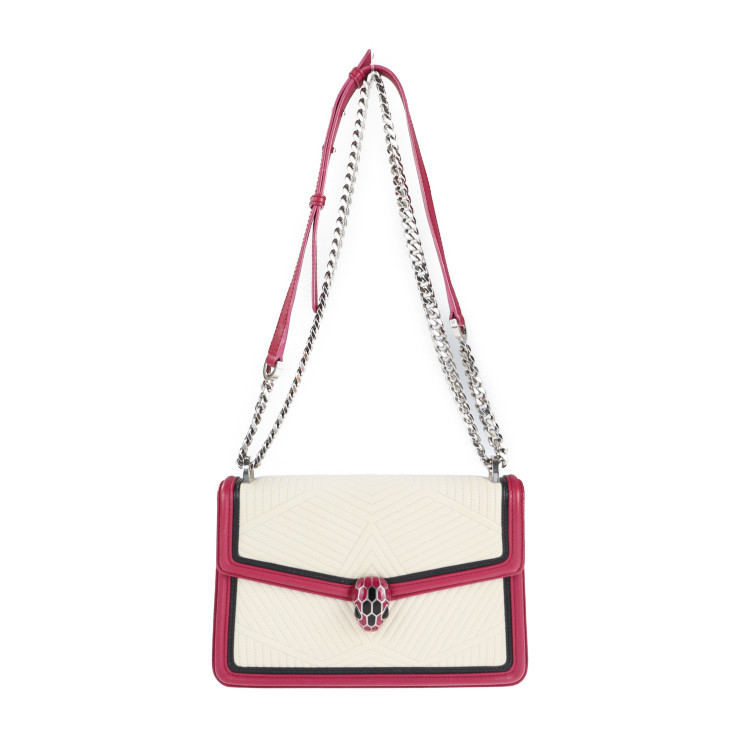 BVLGARI ブルガリ セルペンティ ダイヤモンド ブラスト ショルダーバッグ - レザー フューシャ系 アイボリー ブラック キルティング チェーンショルダー スネークヘッドモチーフ シルバー金具【本物保証】【中古】