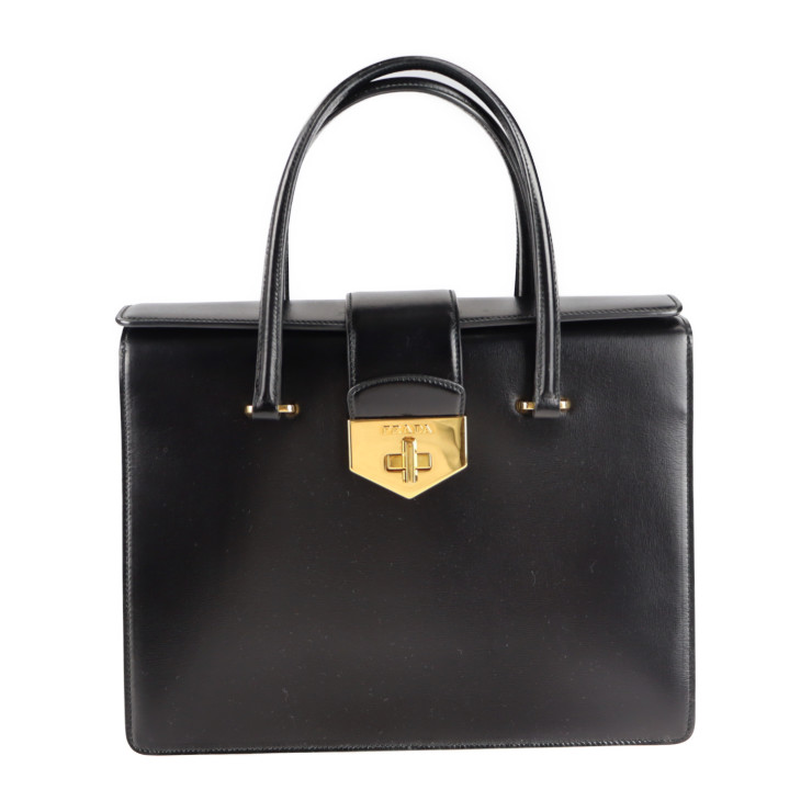 美品 PRADA プラダ ターンロック ハンドバッグ B2725C ボックスカーフ ブラック イエロー ゴールド金具【本物保証】【中古】|3R boutique