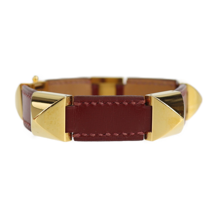 美品 HERMES エルメス メドール スタッズ ブレスレット レザー レッド ...