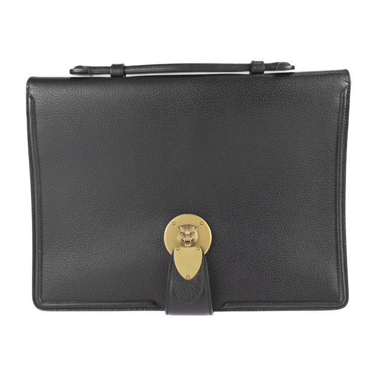 超美品 GUCCI グッチ キャットヘッド ビジネスバッグ 495655 レザー ブラック ゴールド金具 クラッチバッグ ハンドバッグ 【本物保証】【中古】
