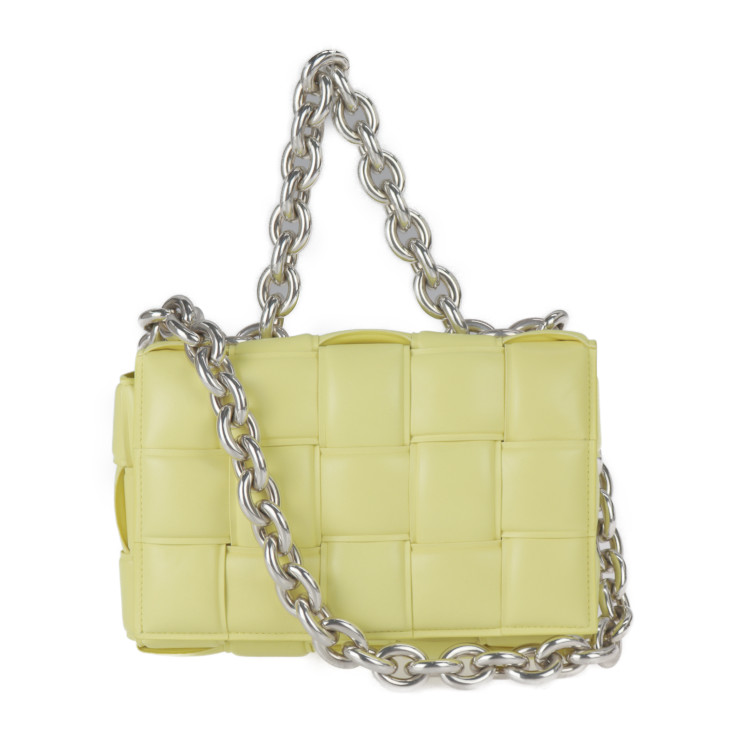 新古未使用展示品 BOTTEGAVENETA ボッテガヴェネタ チェーン カセット ショルダーバッグ 631421 ラムスキン イエロー シルバー金具 イントレチャート【本物保証】【中古】|3R boutique
