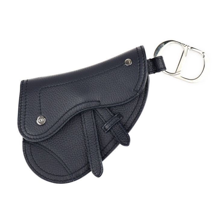 超美品 Dior ディオール SADDLE POACH サドルポーチ コインケース - レザー ダークネイビー シルバー金具 アクセサリーポーチ キーリング バッグチャーム 小物入れ【本物保証】【中古】｜3R boutique