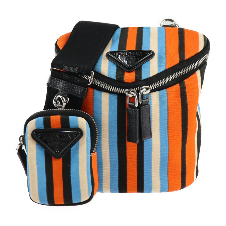 美品 PRADA プラダ トライアングルロゴ ショルダーバッグ 2VH147 キャンバス レザー オレンジ&times;ブルー&times;アイボリー&times;ブラック シルバー金具 ポーチ付き ポシェット ストライプ 三角ロゴプレート【本物保証】【中古】｜3R boutique