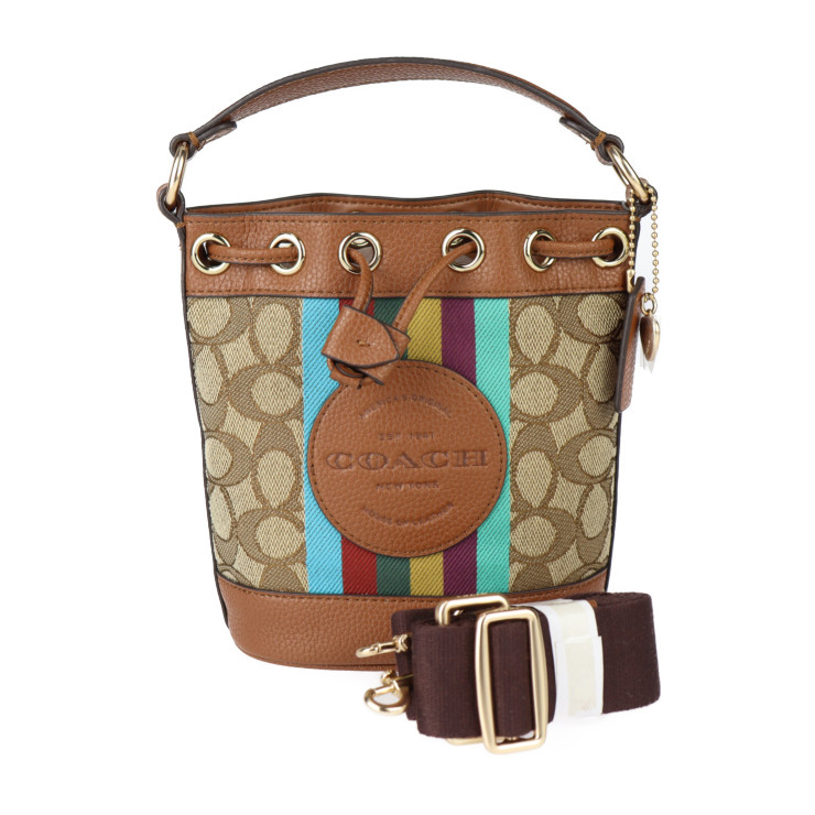 新古未使用展示品 COACH コーチ デンプシー ドローストリング バケット 15 ハンドバッグ C5639 シグネチャー ジャガード &times; レザー ブラウン系 ゴールド金具 2WAY ショルダーバッグ ミニバッグ 巾着型【本物保証】【中古】｜3R boutique