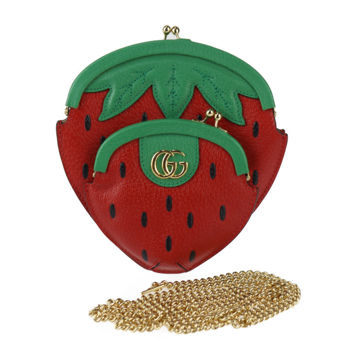新品未使用展示品 GUCCI グッチ いちご型ポシェット フルティーニ ショルダーバッグ 719725 レザー レッド グリーン ゴールド金具 ストロベリー がま口 チェーンショルダー【本物保証】【中古】