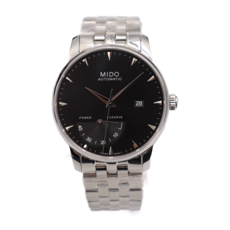 超美品 MIDO ミドー Baroncelli 42mm Automatic バロンチェッリ 42mm オートマチック 腕時計 M8605 ステンレススチール シルバー ブラック文字盤 自動巻き 裏スケ 【本物保証】【中古】｜3R boutique