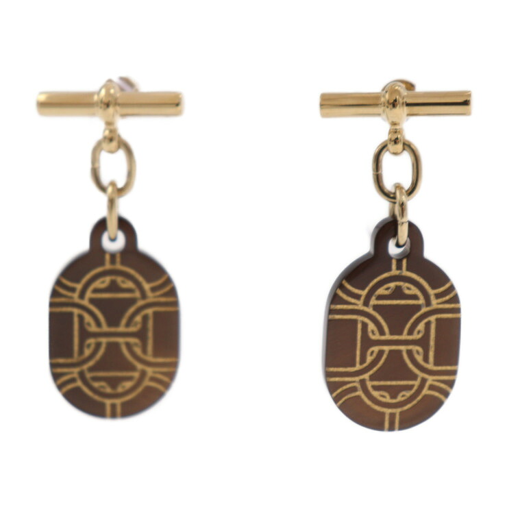 超美品 HERMES エルメス シェーヌダンクル PM ピアス - メタル バッファローホーン ゴールド ブラウン 耳飾り【本物保証】【中古】|3R boutique