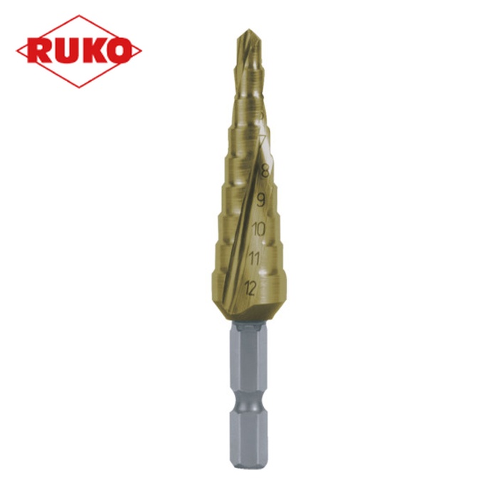 RUKO 101050-9TH 2枚刃スパイラルステップドリル(六角軸印字機) 12粍 チタン (1本)