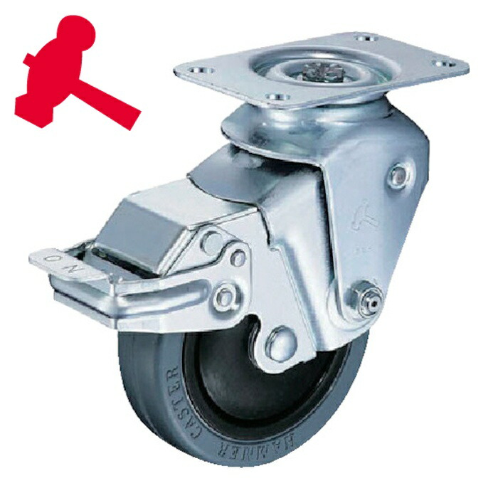 ハンマーキャスター 935BBE-FR100-32 クッションキャスター旋回式ゴム車輪 100mm 線径3.2mm ストッパー付 (1個)