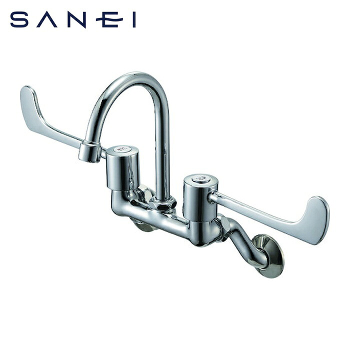 SANEI 三栄水栓 K211H-1-13 ツーバルブ混合栓 レバー180mm ツル首パイプ 泡沫吐水 (1台)
