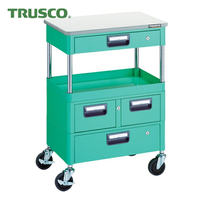 トラスコ TRUSCO ツールワゴン フェニックスワゴン 省音 600X400 H880 引出付 天板付 ヤンググリーン (1台) PEW-961VWZT-YG|工具ランド
