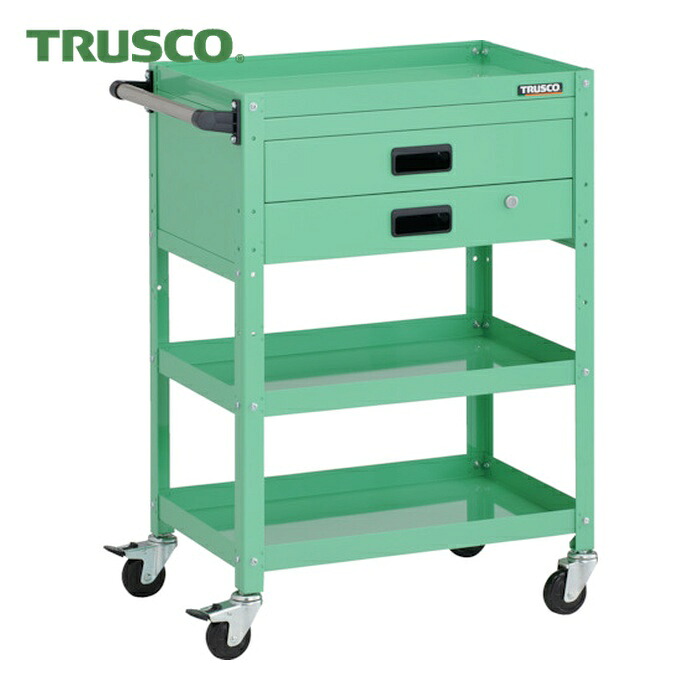 トラスコ TRUSCO ツールワゴン ラビットワゴン 600X400XH880 3段 2段引出付 ハンドル付 ゴム車輪 ヤンググリーン (1台) RBW-963XH YG