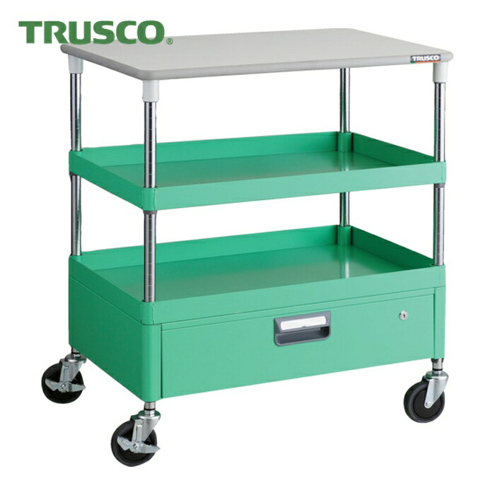 トラスコ TRUSCO ツールワゴン フェニックスワゴン 省音 750X500 1段引出 天板付 ヤンググリーン (1台) PEW-972VT-YG