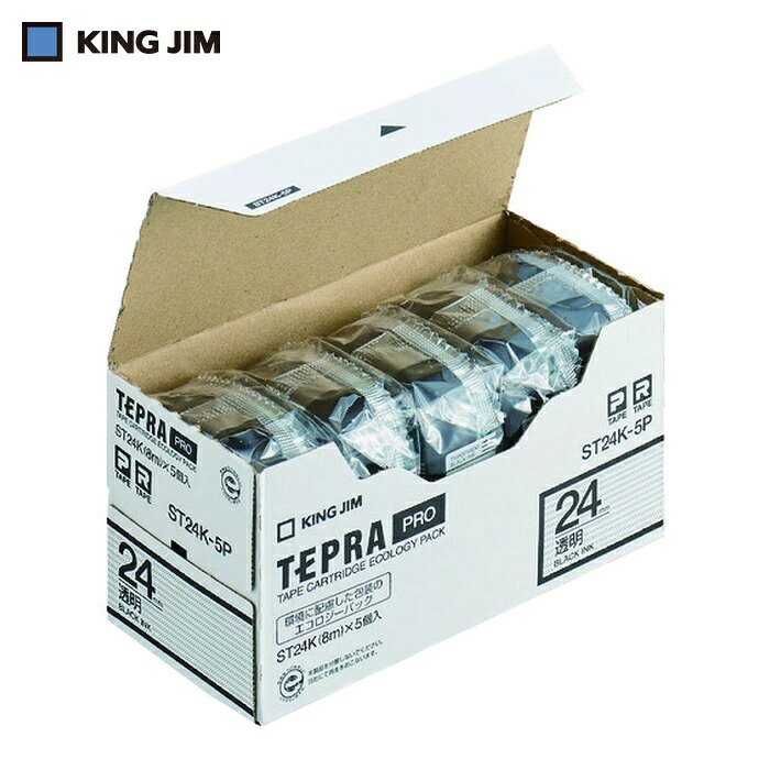 キングジム (純正)「テプラ」PROテープ 24mm エコパック(5 個入)/透明ラベル/黒文字 長さ8m (1Pk) ST24K-5P