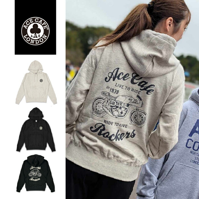 【公式】 バイク エースカフェロンドン ACE CAFE LONDON ジップ フーディー Live to Ride AC001ZP メンズ 2色 フディー パーカー おしゃれ カフェレーサー|3splanning