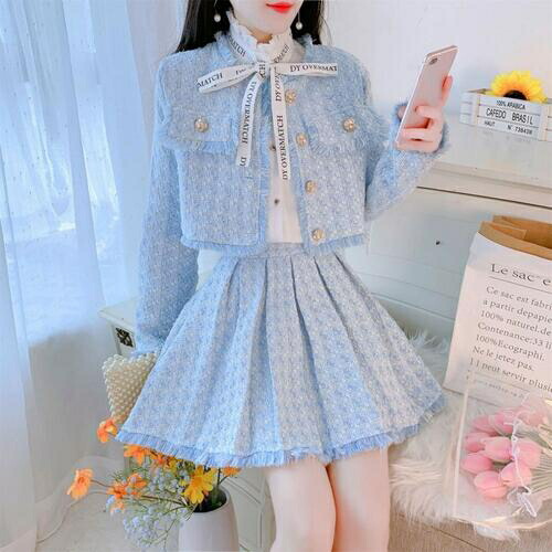 レディース ツイード セットアップ ツーピース 韓国 セレモニー かわいい ミニスカート ジャケット カジュアル 大きいサイズ 春秋冬 ブランド 水色 ピンク パステルカラー 上下セット