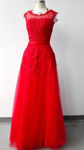 結婚式二次会ドレスフォーマルred_パールビーズ装飾レース刺繍ロングウエディングドレス