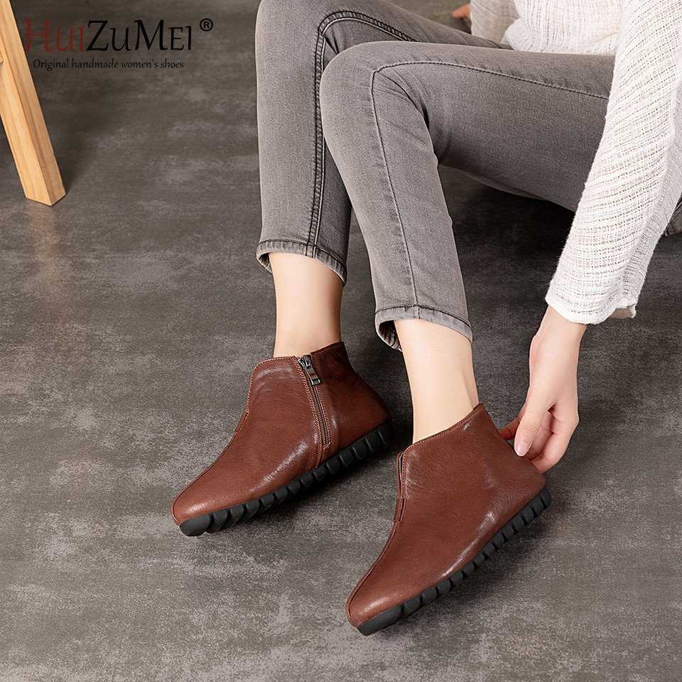 HUIZUMEI Genuine 革 Flat Shoes Plus Size Real 革 Handmade Flats Loafers お上さん S