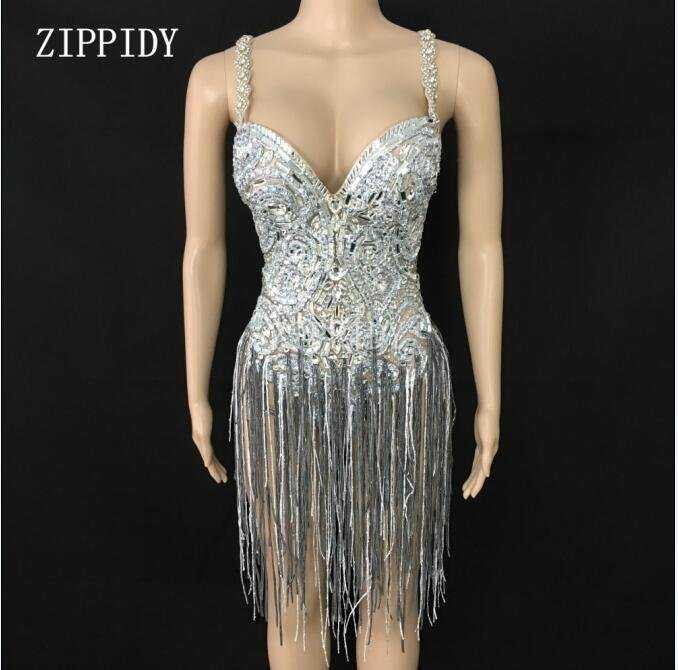 Shining 艶っぽい 成人女性 銀 Crystals Fringes 上半身suit See Through Birthday Celebrate Mesh Ou