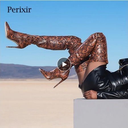 Perixirご機嫌太股ニーハイブーツレディーススネークスキンシューズスーパーシンハイヒールブーツボトムファム