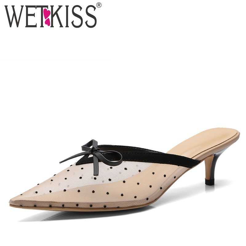 Wetkiss メッシュ ドット ミュールサンダル ポインテッドトゥ レザ ミュール リボン 甘めデザイ|四つ葉ショップ