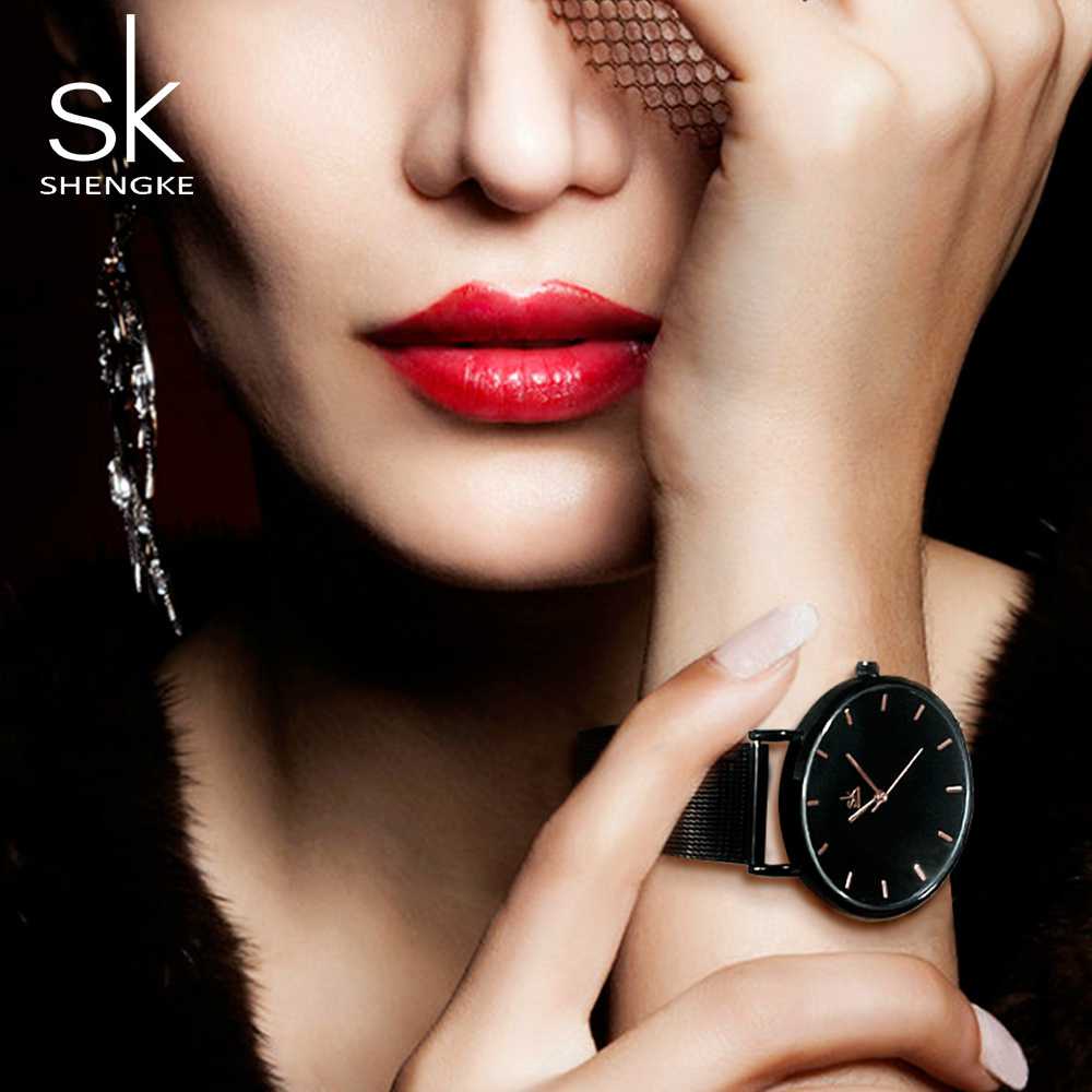 交換無料 Shengke ファッション 黒 女性 時計 高性能 Ultra thin クオーツ Watch Elegan fucoa.cl