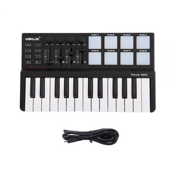 Worlde Panda 25鍵USBキーボードとドラムパッドMIDIコントローラ ポータブルミニ、4つのMIDIコントロールグループ