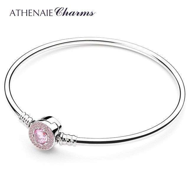 ATHENAIE パンドラ其れ相応 腕輪 バングルタイプ しろがね色925 さくら色結晶 925Silver CZ Paved Bracelet Fit Pandora