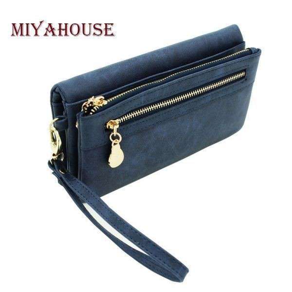 MIYAHOUSE 海外ブランド 大容量 レディース 長財布 レザー調 ウォレットポーチ お財布ポシェット ダブルジッパー ストラップ付 ネイビー