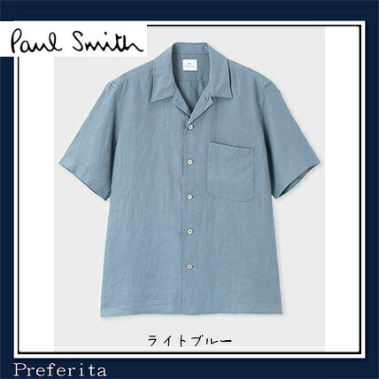 定価1,7万 Paul smith ポールスミス ナチュラルリネン オープンカラー 半袖シャツ ブルー Mサイズ ご注文頂いた即日発送 翌日お届け