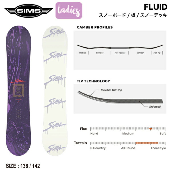 【SIMS】2024/2025 シムス FLUID フルイド レディース 女性 スノーボード 板 スノーデッキ ロッカー キャンバー ツインチップ 安定感 138/142【正規品】