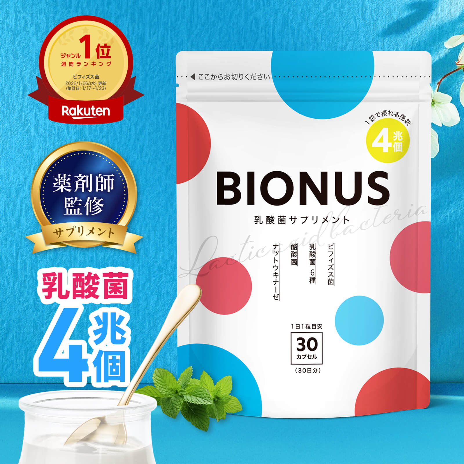 【SS押さえる20%OFF】乳酸菌 サプリ ビオナス 酪酸菌 30日分 ビフィズス菌 短鎖脂肪酸 ナットウキナーゼ オリゴ糖 善玉 菌 ダイエットサプリ 乳酸菌サプリ 亭主もち 食事制限 乳酸菌 加えること