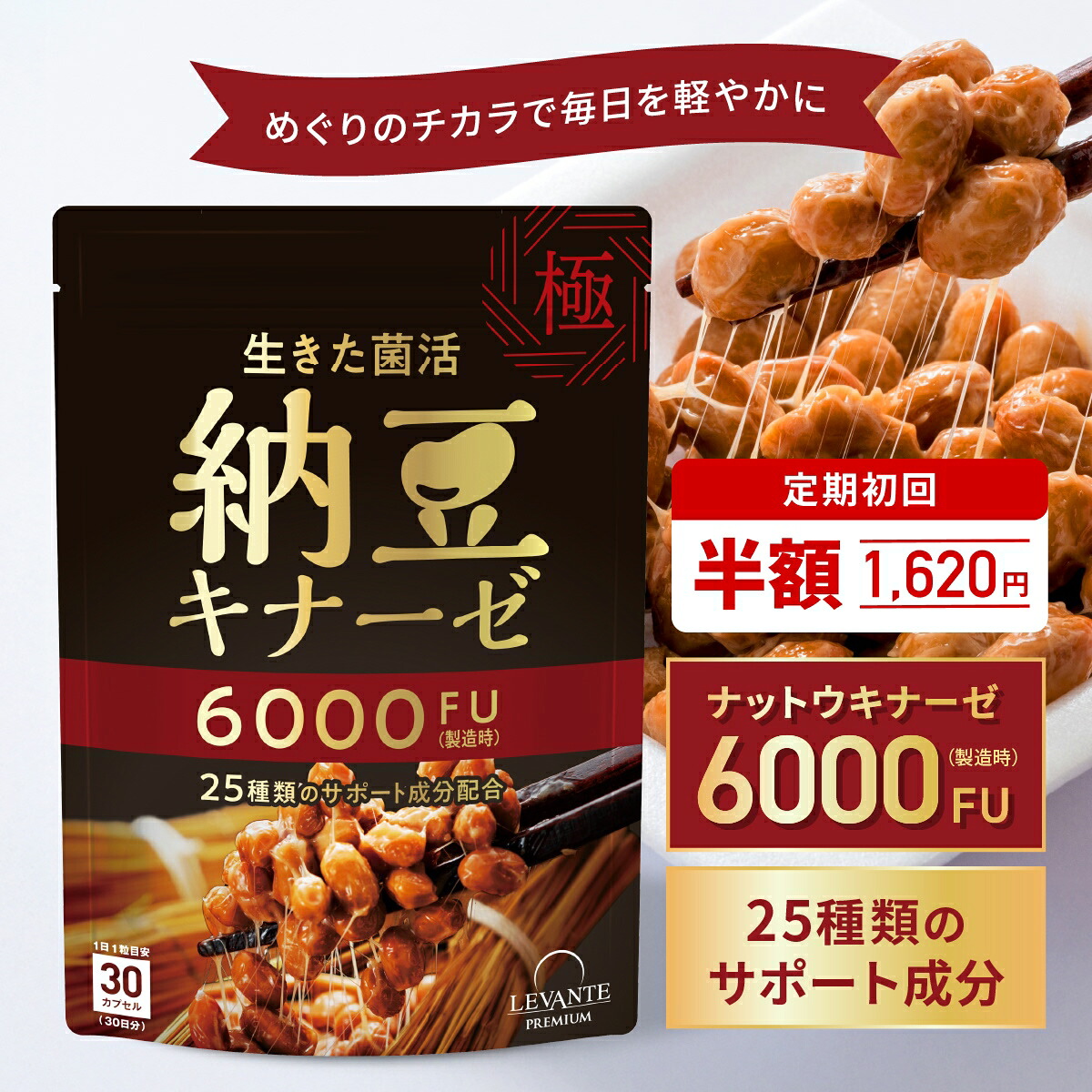 ナットウキナーゼ サプリ 6000FU 1袋 30日分 納豆キナーゼ 納豆菌 [ ヴィタミンK2 プッディング体 はね除ける ] 乳酸菌 1000万個 DHA EPA GABA イチョウハ ヒハツエキス 加えること 日本製 思わしい お上さん 成人男性