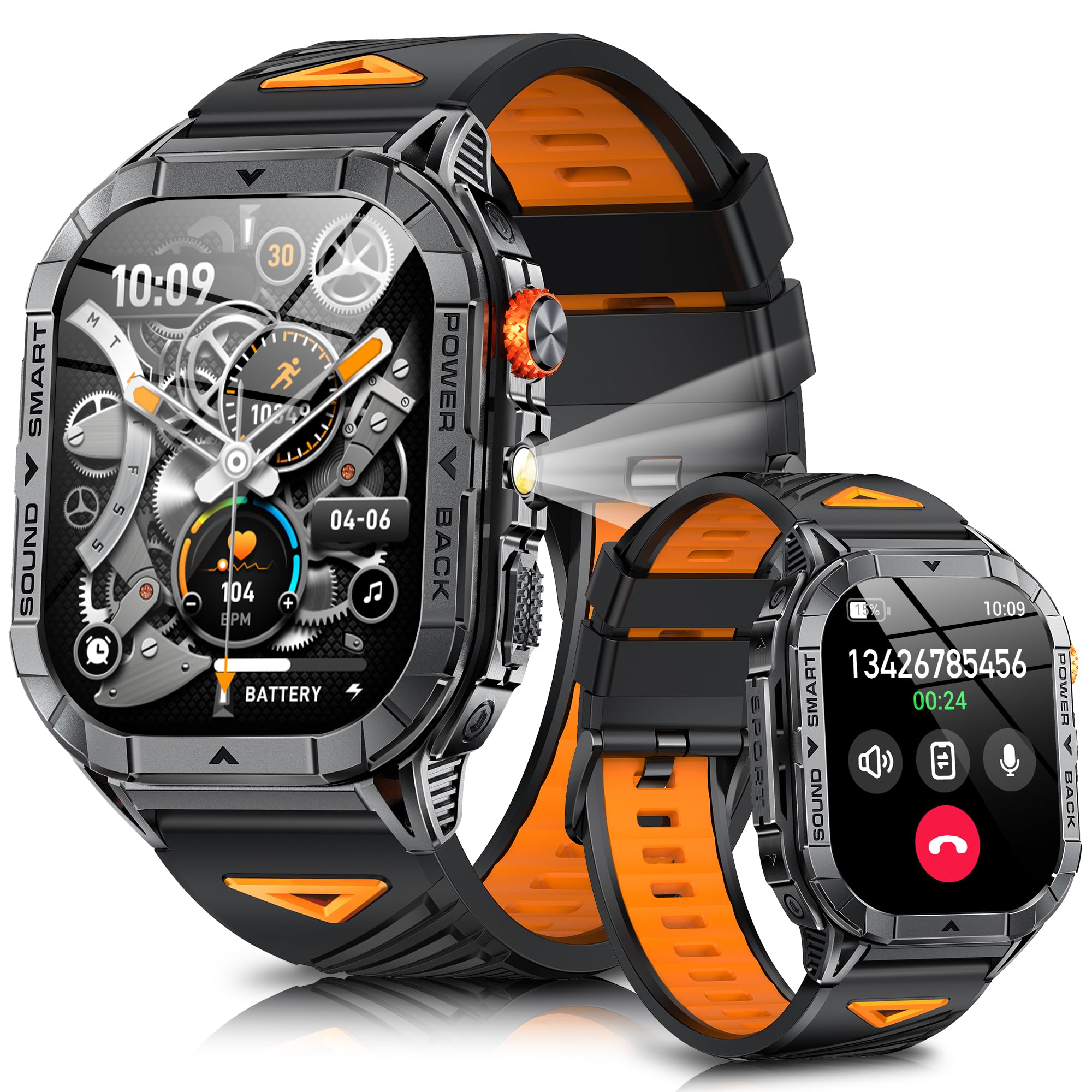 スマートウォッチ 2.13インチAMOLED高精度画面 軍用規格 LEDフラッシュライト機 smart watch Bluetooth5.3通話機能付き 400mAh長持ちバッテリー100種類運動モード IP68防水 アプリのGPS連動可能 iPhone アンドロイド対応 歩数計 天気予報