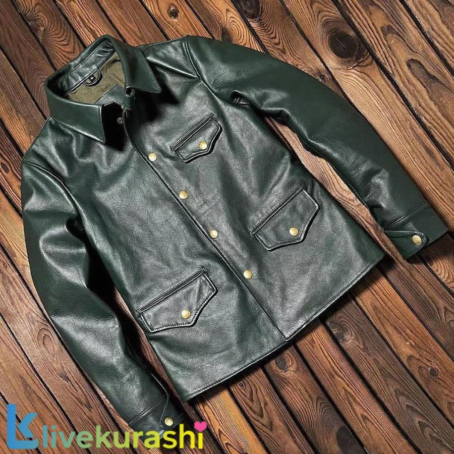新品 復刻50's ドライビングコート レザージャケット グリーン カーコート ワークコート オイルワックスレザー 牛革