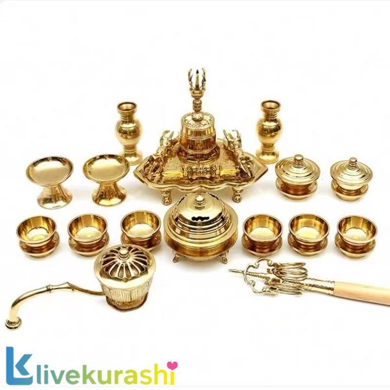 希少新品！密教法具 前具 一面器 六器一組 仏器一対 華瓶一対塗香器 洒水器 金剛鈴 金剛盤 火舎香炉 五鈷杵 三鈷杵 独鈷杵全20種 護摩 F