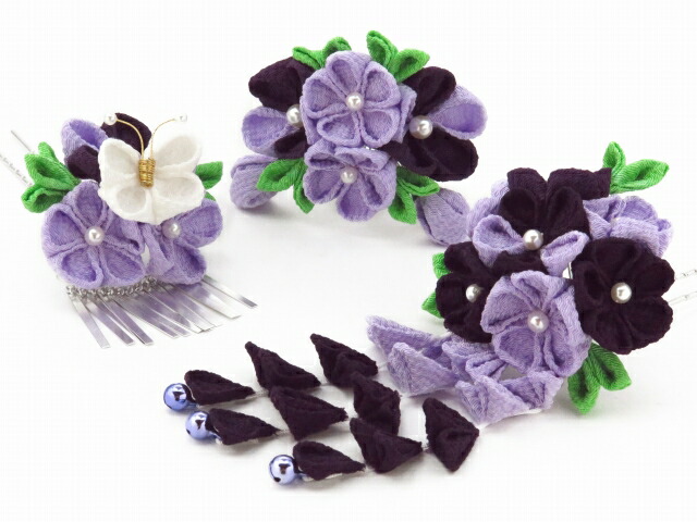 手作り 和装小物 縮緬 お正月 手作り 子供髪飾り 七五三 七五三 通販 女の子用 キッズファッション 購入 髪飾り 3点セット 鈴音屋 こども用 手作り ちりめん髪飾りと簪 かんざし セット 紫白摘み藤に白の蝶 銀ビラ付き Szn744 七五三 着物 浴衣 京都室町st