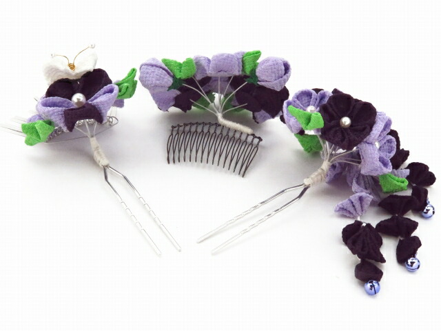 手作り 和装小物 縮緬 お正月 手作り 子供髪飾り 七五三 七五三 通販 女の子用 キッズファッション 購入 髪飾り 3点セット 鈴音屋 こども用 手作り ちりめん髪飾りと簪 かんざし セット 紫白摘み藤に白の蝶 銀ビラ付き Szn744 七五三 着物 浴衣 京都室町st