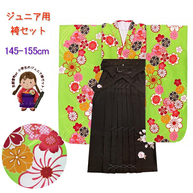 袴セット 卒業式 女の子用 小学生向け ジュニア振袖(150サイズ) 襦袢 R・Kブランド無地袴＆袴下帯の４点セット【黄緑、桜に流水】JRFR869-RKS963
