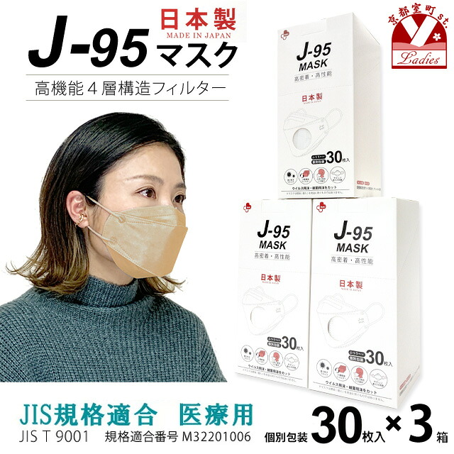 【まとめ買い3個組】マスク 不織布 3d 立体 日本製 j95 正規品 国産 JIS規格適合 医療用レベルクラス3 サージカルマスク 4層 30枚入×３箱(90枚)「ハニー」j95-mask-st-HO3
