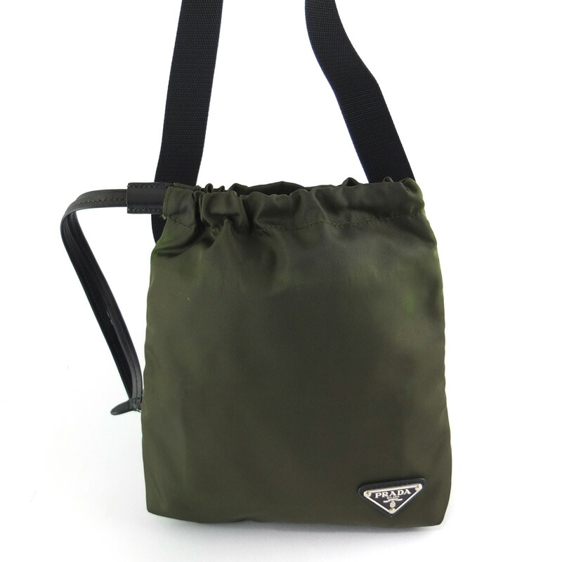 プラダ PRADA 合切袋 ショルダーバッグ 上半身御徒面子 カーキ ナイロン しろがね色金具 【中古】