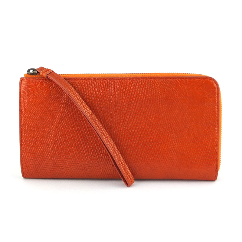 ボッテガ ヴェネタ BOTTEGA VENETA L字ファスナー財布 244823 長財布 リザード オレンジ系 レディース 【中古】